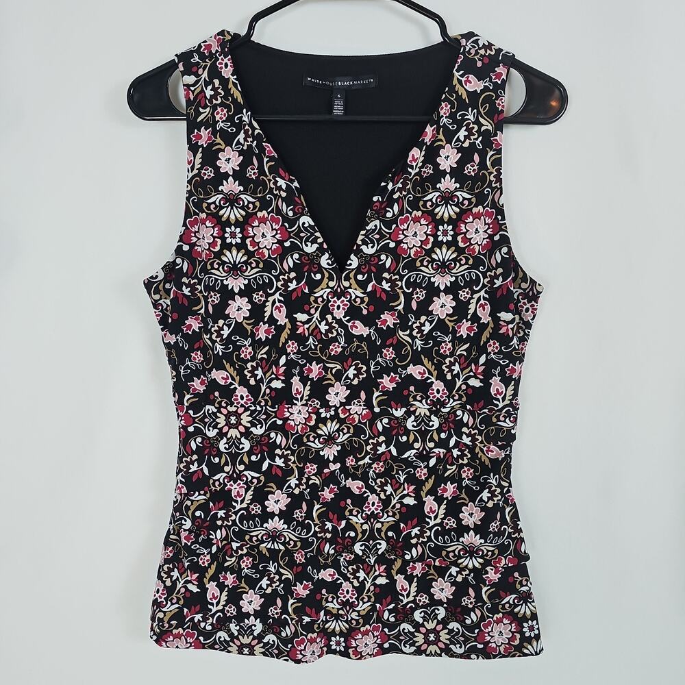 White House Black Market Women Sz S Floral V-neck Ruffles Sleeveless Blouse/Top
